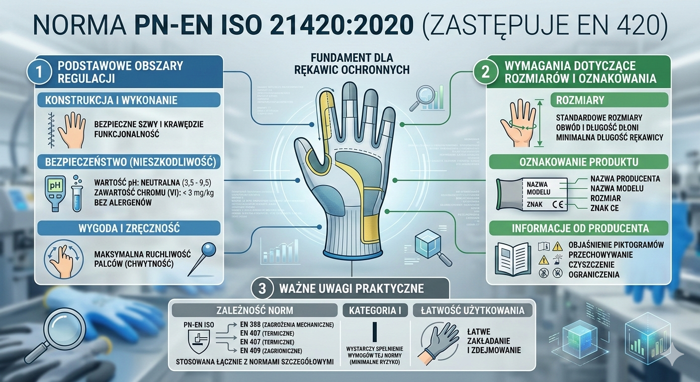 Norma PN-EN ISO 21420:2020 (która zastąpiła wcześniejszą normę EN 420) stanowi fundament dla wszystkich rękawic ochronnych